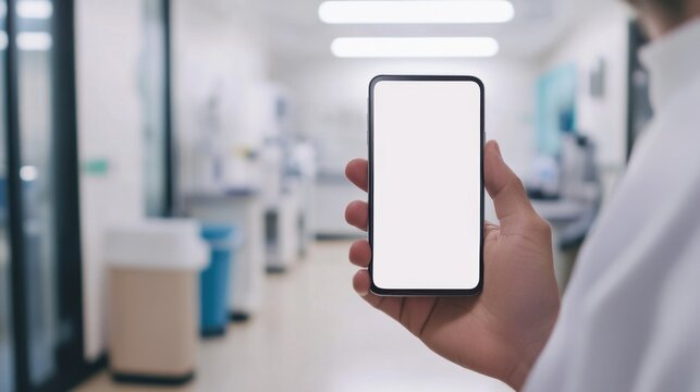 Doctor or professional holding a smartphone with a blank white screen mockup in a bright interior