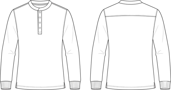 Technical fashion sketch of a men's long sleeve henley shirt with button placket and ribbed cuffs design
