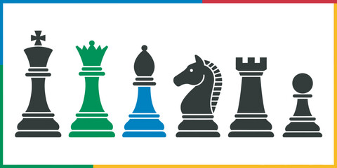 Chess icon set featuring modern flat and outline style icons representing chess pieces and board strategy, minimal design for board games, educational materials, mobile applications, websites,  ©   