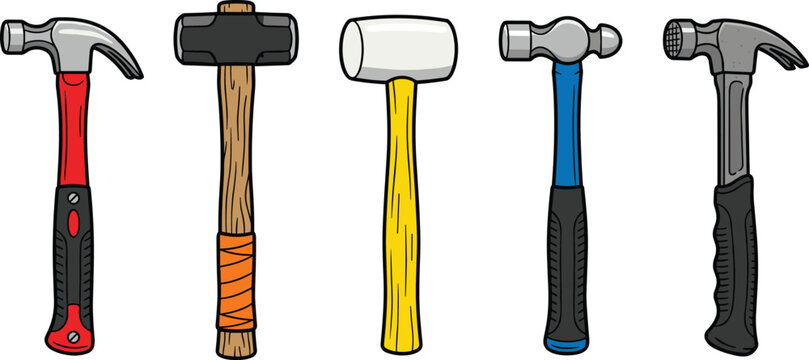 Hammer Hand Tool Vector Icon Set Featuring Claw Hammer Sledgehammer Rubber Mallet and Ball Peen Hammer for Hardware Construction Repair Designs