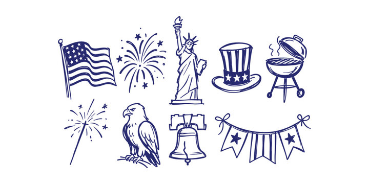 USA 4th of July Independence Day collection hand drawn American flag Statue of Liberty eagle fireworks bbq uncle sam hat liberty bell bunting doodle icon set vector illustration