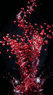 Pomegranate arils exploding in water splash against dark background dynamic motion
