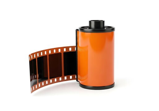 Old orange 35mm film roll and photographic negative strip for vintage camera photography