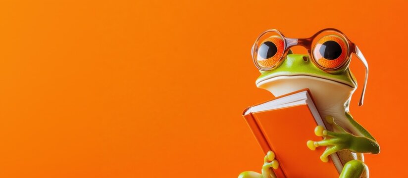 Cute green cartoon-style frog wearing glasses holding a small book on an orange background