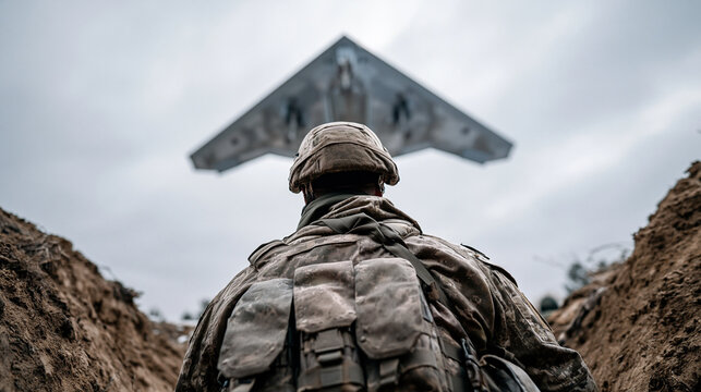 An over-the-shoulder documentary-style military photo, close-up on the back of a Ukrainian soldier's helmet and tactical vest as they stand inside a dirt trench, looking straight u