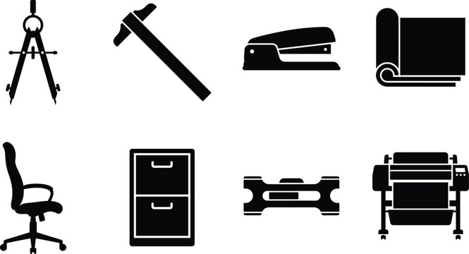 Office Equipment and Technical Drawing Silhouette Icons Set with Workplace Tools and Furniture
