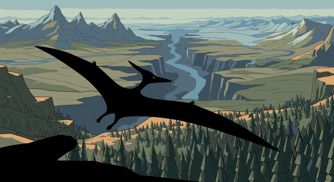 Silhouette of a flying pterodactyl over a stylized mountain landscape