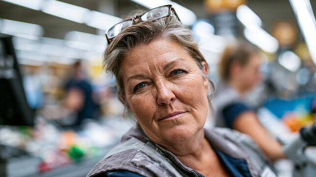 Photorealistic candid documentary photograph of a heavyset middle-aged woman in her 50s working as a cashier at a supermarket checkout, short grey-streaked hair, reading glasses pu