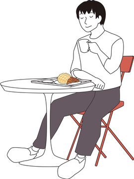 パンとコーヒーを楽しむお客さん（男性）
