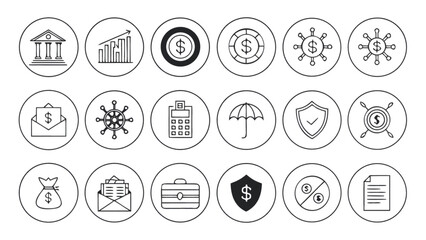 Fototapeta premium Finance and banking vector line icon set with bank money chart shield umbrella and dollar coin symbols