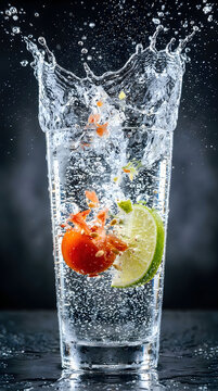 Cherry tomato and lime splashing into sparkling water glass with dark background