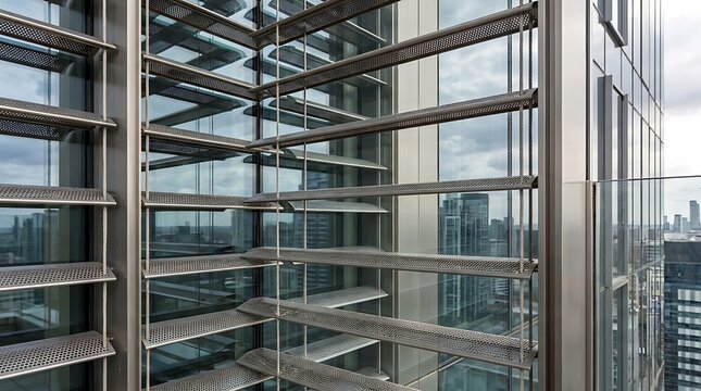 Sleek modern high-rise building facade featuring advanced glass and metallic louver system, providing aesthetic appeal and environmental control in an urban setting
