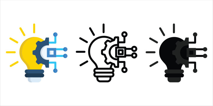 Artificial intelligence lightbulb icon set. Vector technology innovation symbols featuring flat color line art and solid black silhouette styles