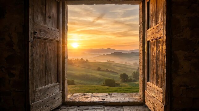 Sunrise view through weathered wooden window framing rolling hills