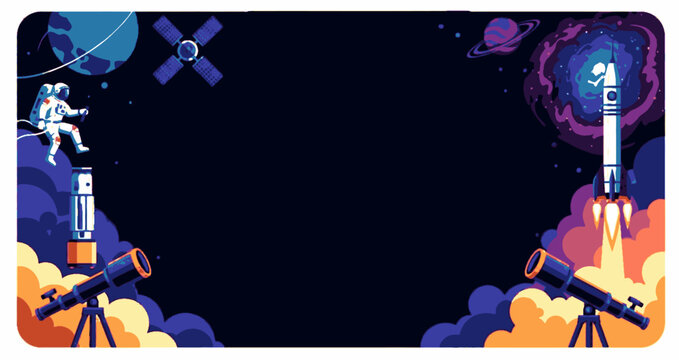 flat vector space themed frame featuring an astronaut rocket launch telescope planets and stars on a dark galaxy background with large copy space in the center for posters educational materials banner