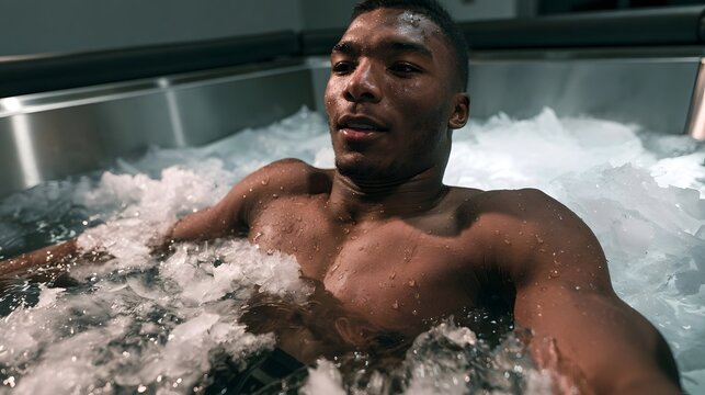 A muscular man relaxes in an icy hot tub surrounded by swirling white foam and stainless steel edges