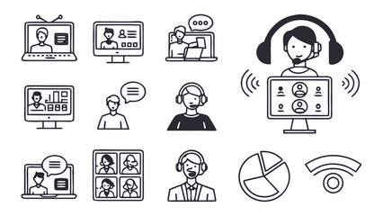 Fototapeta premium Video call and customer support vector icon set with headset conference chat laptop and communication symbols