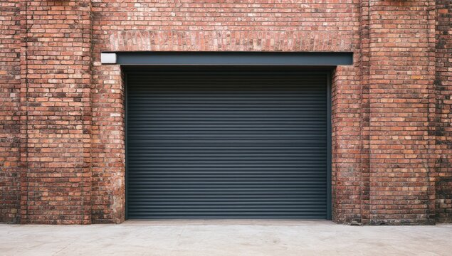 Industrial brick building facade with a large, dark roller shutter door