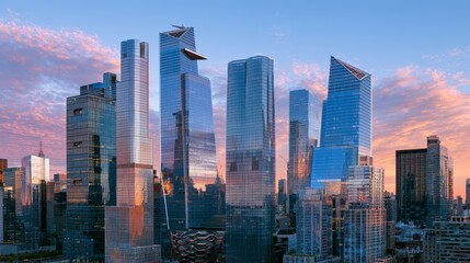 Fototapeta premium Modern Manhattan skyscrapers with glass facades reflecting sunset sky, showcasing urban skyline, high rise architecture, city density and metropolitan design concepts with copy space.