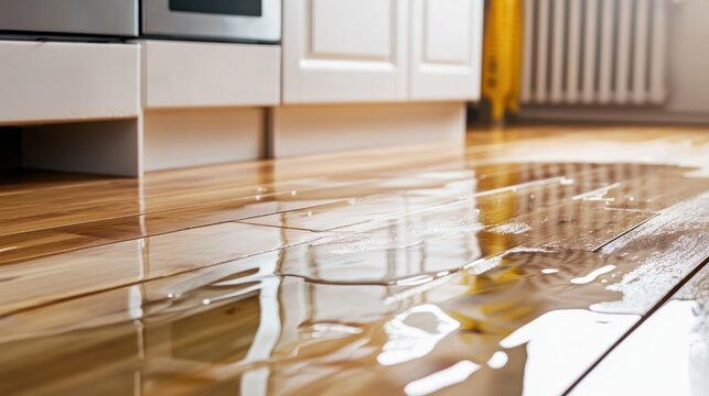 Water damage on a kitchen floor with water covering the wooden laminate parquet surface