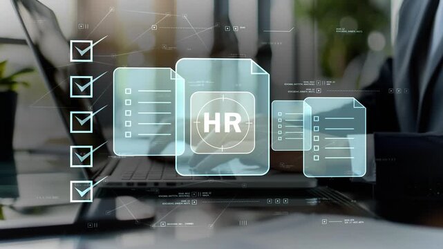 HR recruitment workflow with digital hiring checklist, human resources icon, employee selection process, talent acquisition and modern recruitment management technology