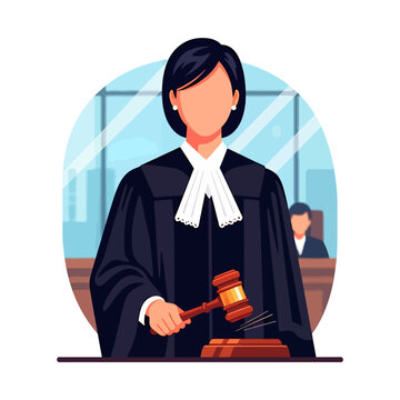 Flat vector illustration of a female judge in robes holding a gavel in a courtroom.