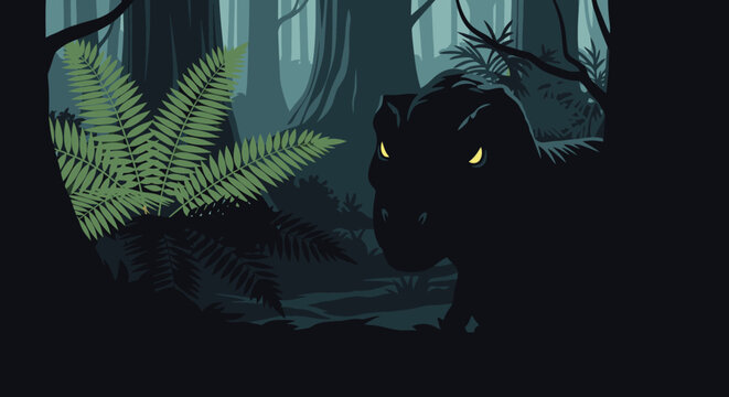 Tyrannosaurus rex silhouette in forest scene with ferns and trees