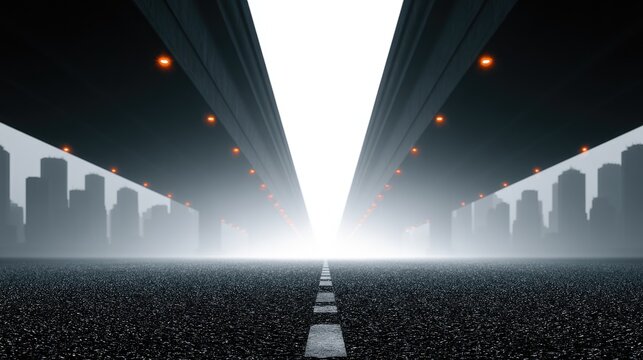 Futuristic highway underpass with distant cityscape, vanishing point