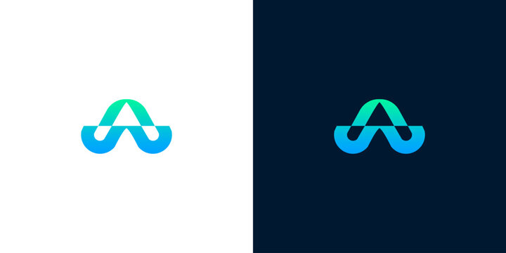 Modern letter A and infinity loop logo design template in blue and green gradient on white and dark backgrounds