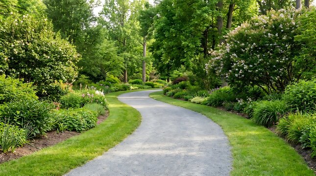 A winding gravel path curves gracefully through a lush green garden, inviting peaceful strolls amidst vibrant foliage and tall trees, creating a serene natural landscape