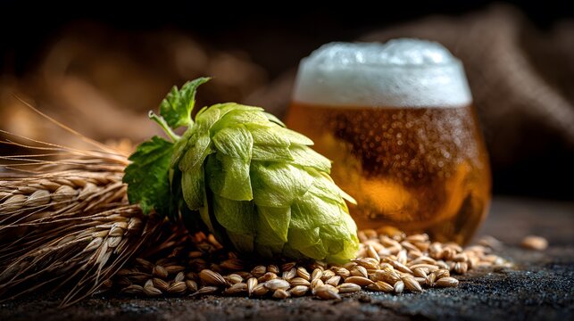 Macro view of fresh hop cone, barley grains, and beer foam, essential brewing ingredients