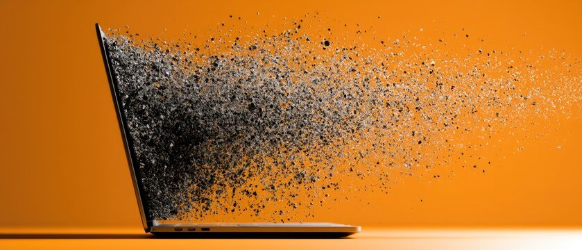 A laptop dissolving into a cloud of particles against an orange background (1)