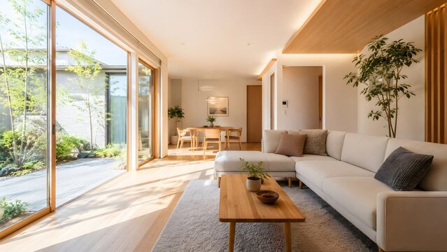 大きな窓と木の温もりがあるモダン住宅の明るいリビング