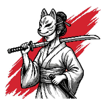 Japanese female samurai warrior wearing kitsune fox mask holding katana sword illustration.