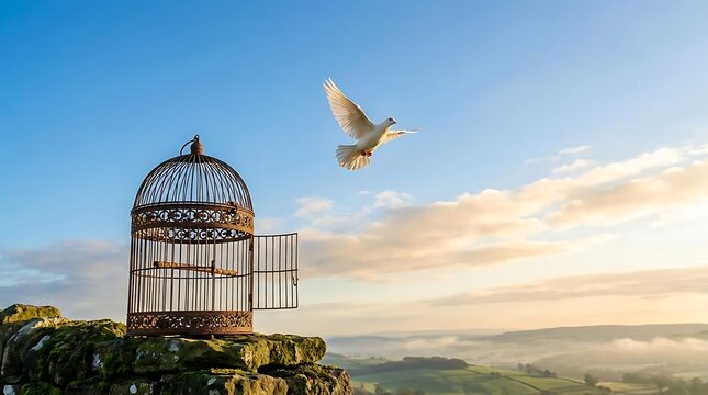 White bird escaping open cage on rocky hillside at sunrise