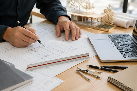 設計図に書き込む建築士の手元 建築設計・CAD業務のデスク