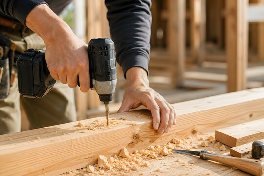インパクトドライバーで木材を施工する大工の手元 木造建築と職人技