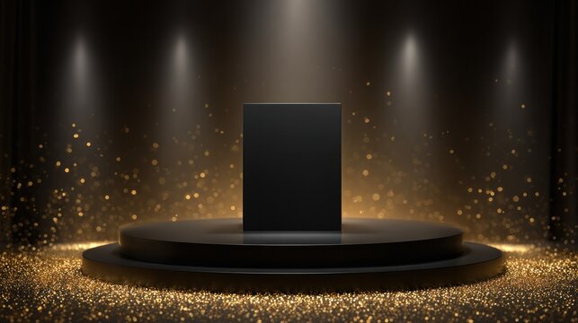 Black podium with spotlight and golden glitter