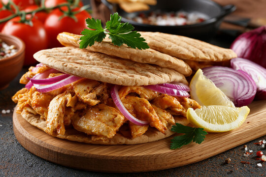 Chicken and onion wraps on board