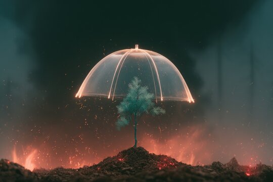 Tree protected by glowing dome in fiery landscape