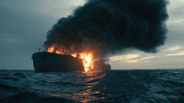 Burning ship in stormy seas