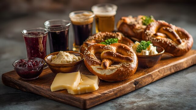 Oktoberfest breakfast board with soft pretzels, butter, jam, and beer