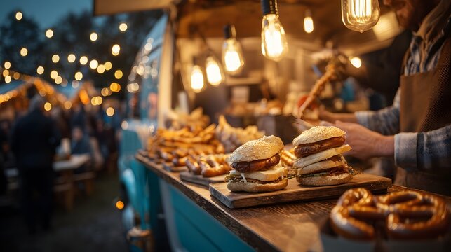 Gourmet sausages and pretzels served from a food truck at an evening festival