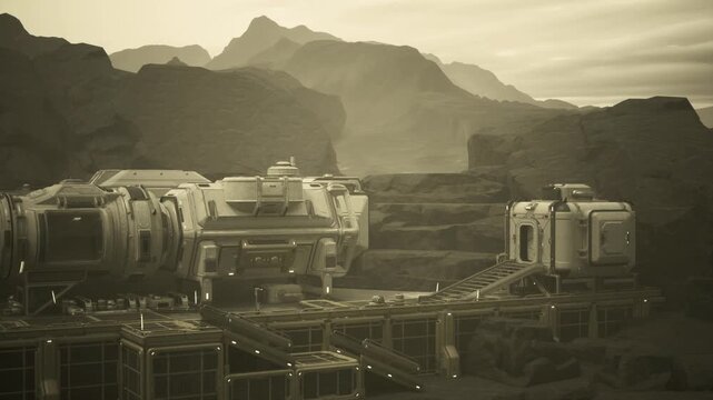 Desert research station conducting geology survey, compact laboratories and instrument pods arranged along ridge, antenna arrays and sample caches, robotic