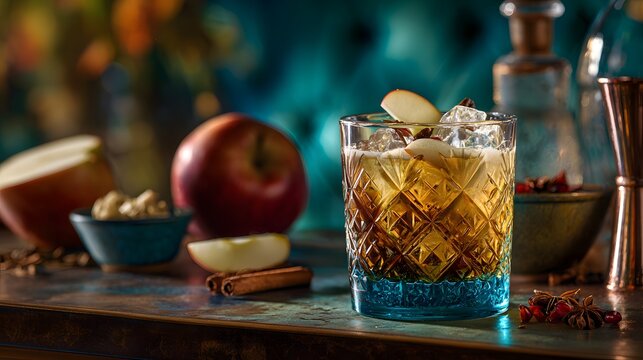 Autumnal apple cocktail with cinnamon and star anise on a bar counter