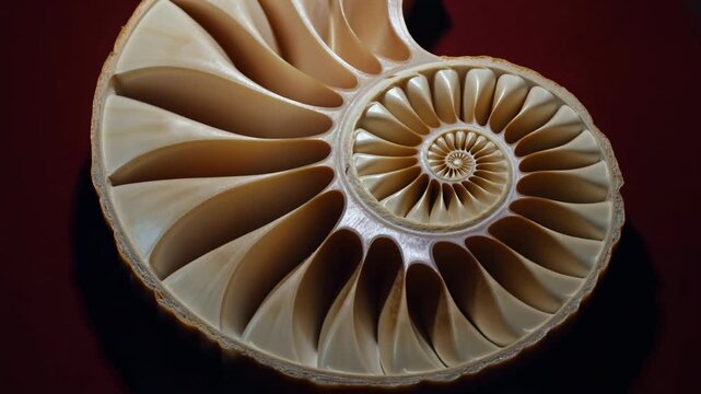Close-up chambered nautilus shell spiral revealing internal concentric chambers and radial septa under soft directional light