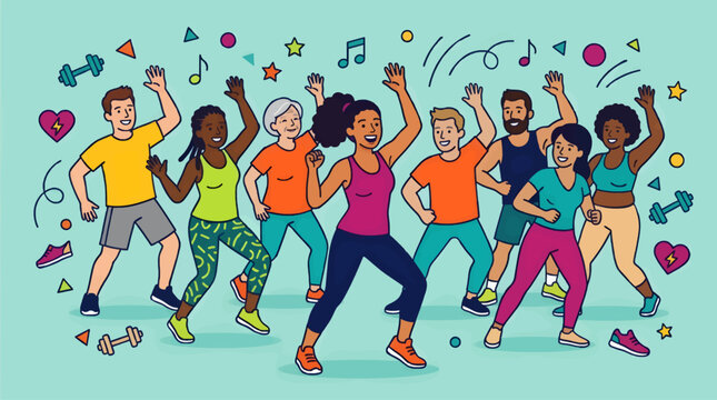 Diverse Group of People Dancing in a Lively Zumba Fitness Class, Energetic Workout with Music and Geometric Shapes, Flat Vector Illustration