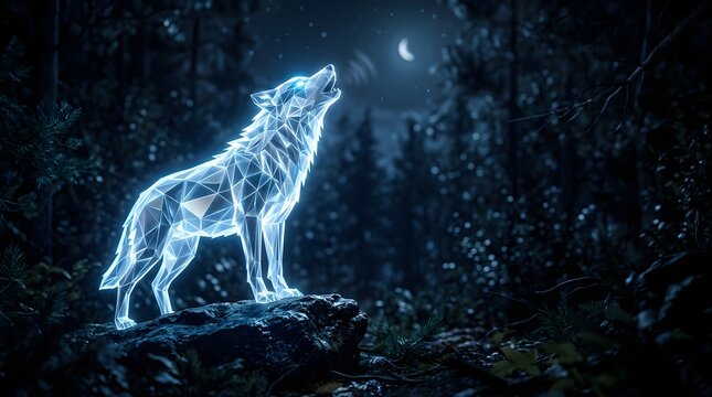 Glowing low poly geometric wolf howling at the crescent moon in forest