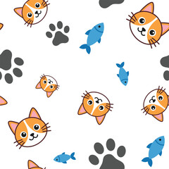 Fototapeta premium Seamless pattern with cute cartoon cat heads blue fish and paw prints