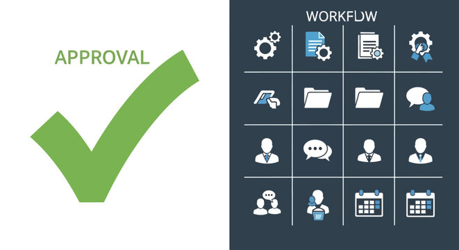 Business workflow management icons with green approval checkmark concept illustration.